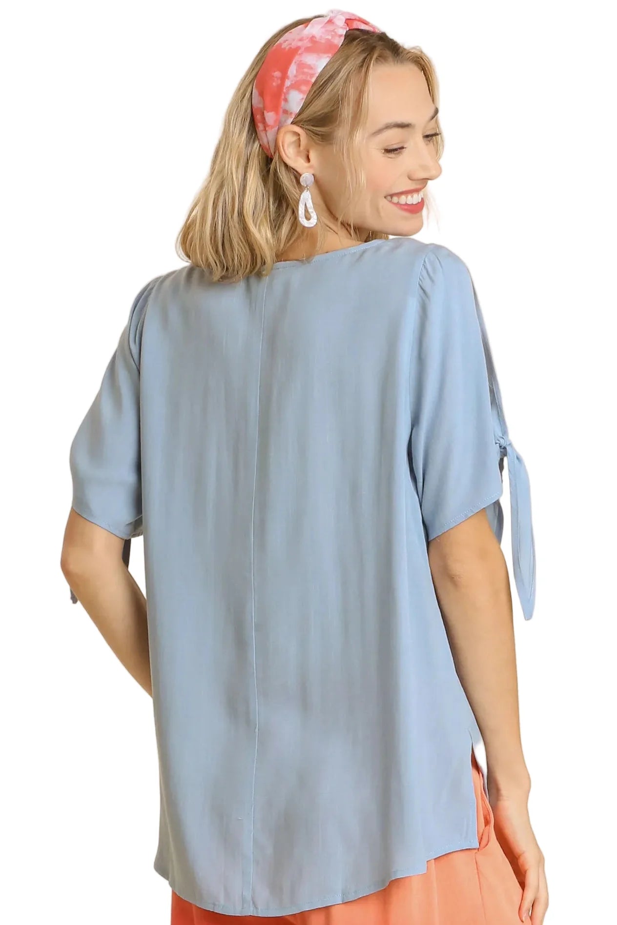 Cold Shoulder Short Sleeve Round Neck Top with Side Slits and Tie-able Knot Details