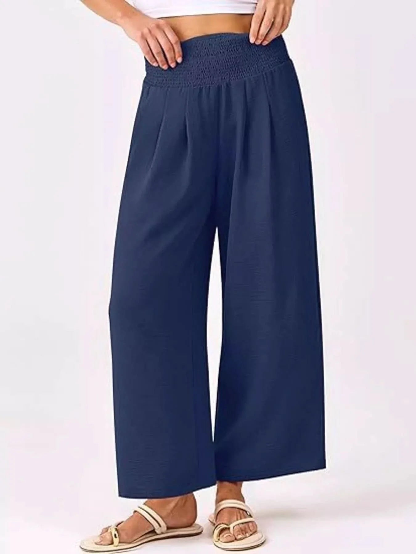 Wide Leg Smocked High Waist Pants With Pockets Polyester