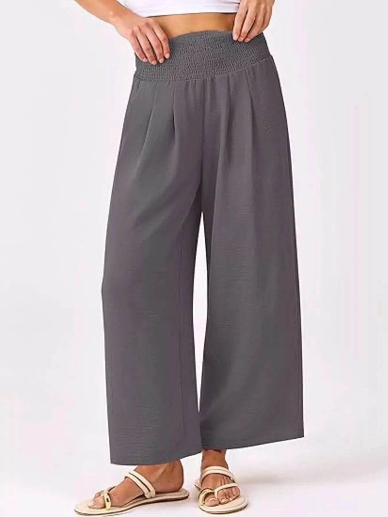 Wide Leg Smocked High Waist Pants With Pockets Polyester