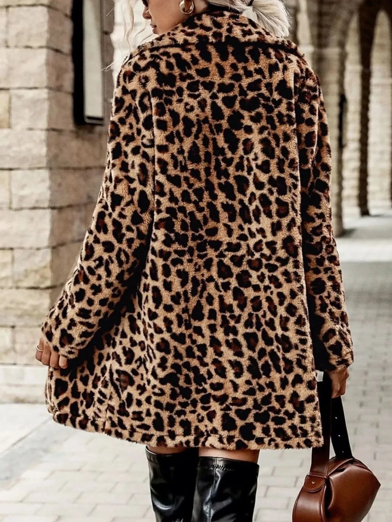 Leopard Print Faux Fur Longline Coat With Pockets Polyester