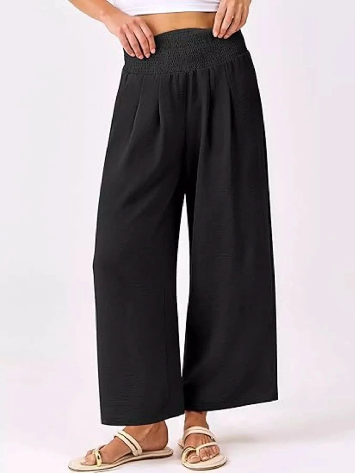 Wide Leg Smocked High Waist Pants With Pockets Polyester