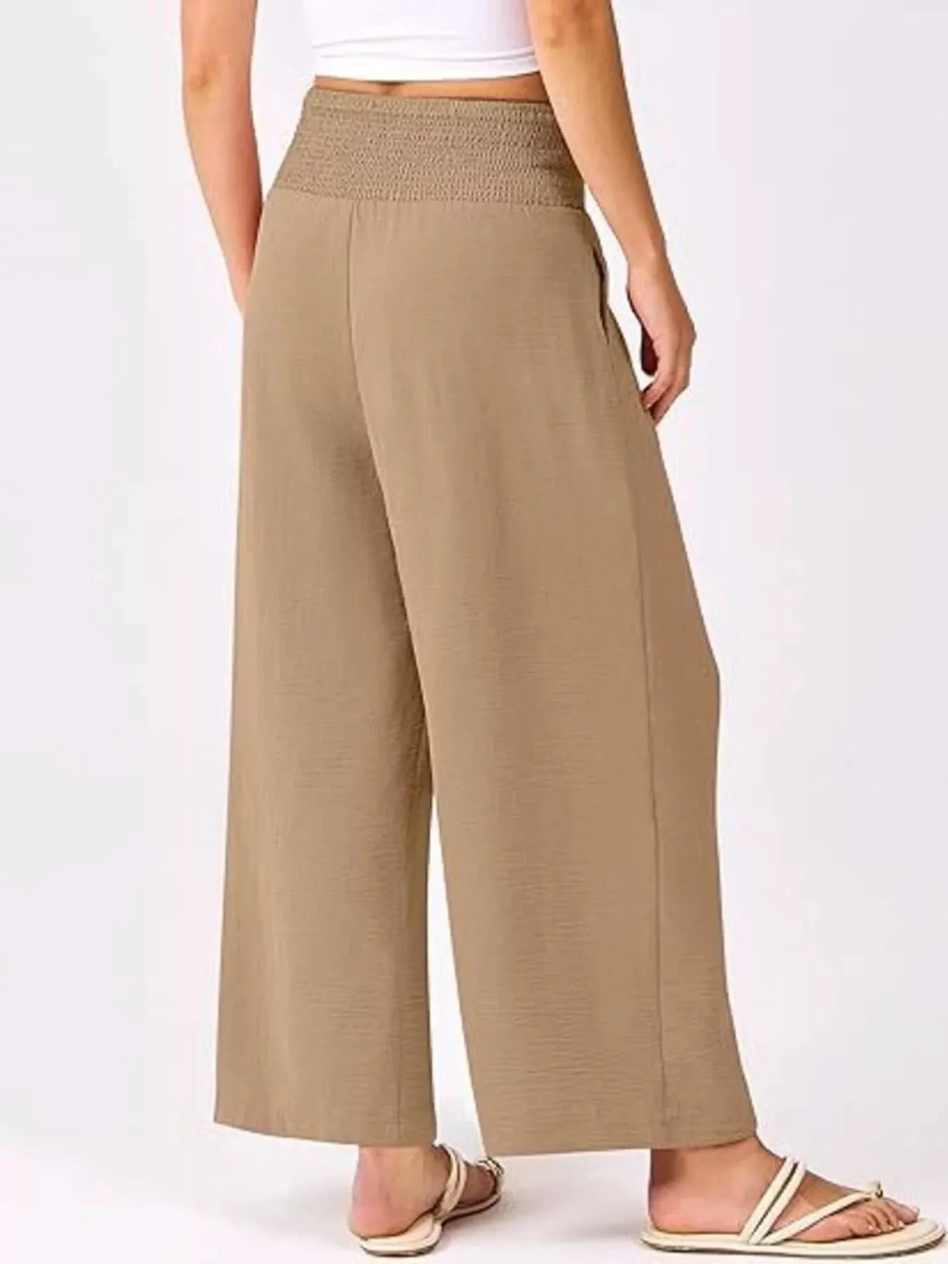 Wide Leg Smocked High Waist Pants With Pockets Polyester