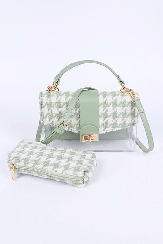 2 In 1 Houndstooth Print Clear Bag Set With Pouches