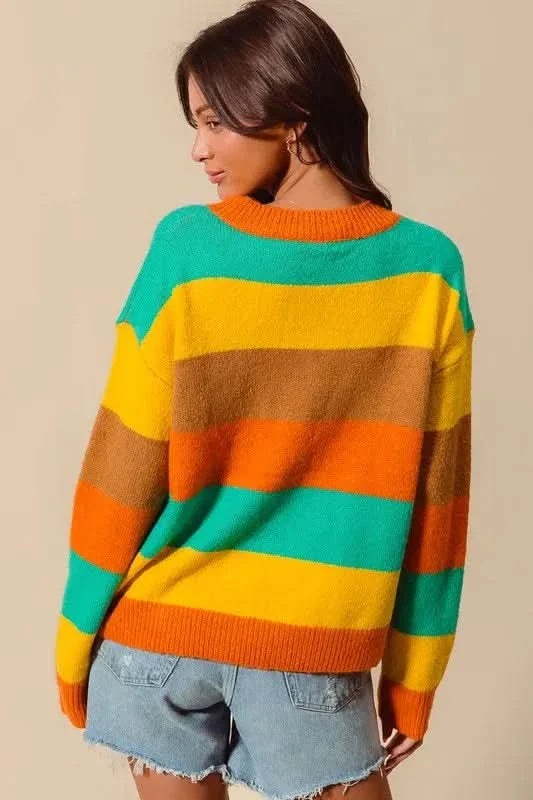 So Me Multi Color Stripe Sweater With Ribbed Detail