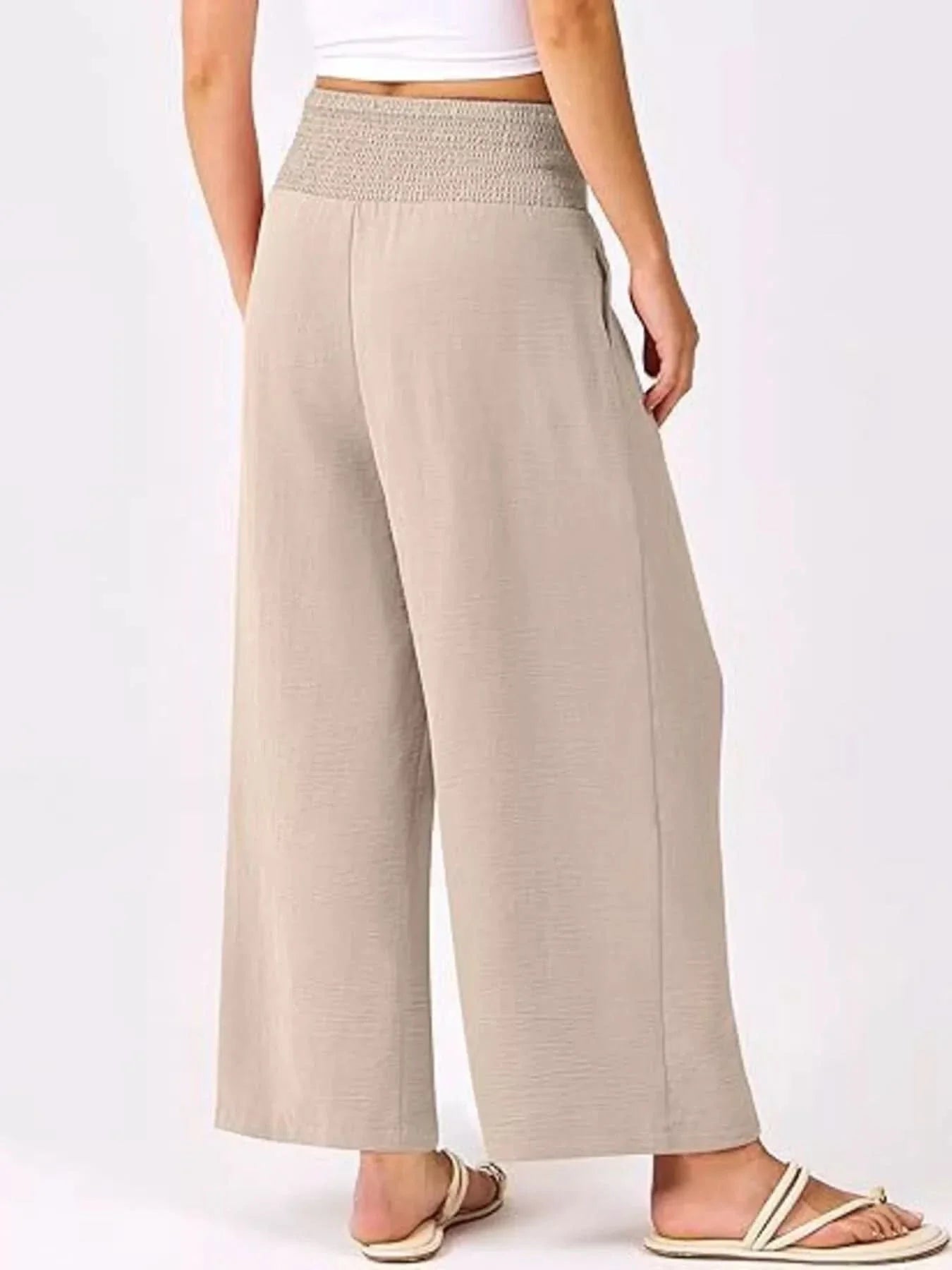Wide Leg Smocked High Waist Pants With Pockets Polyester