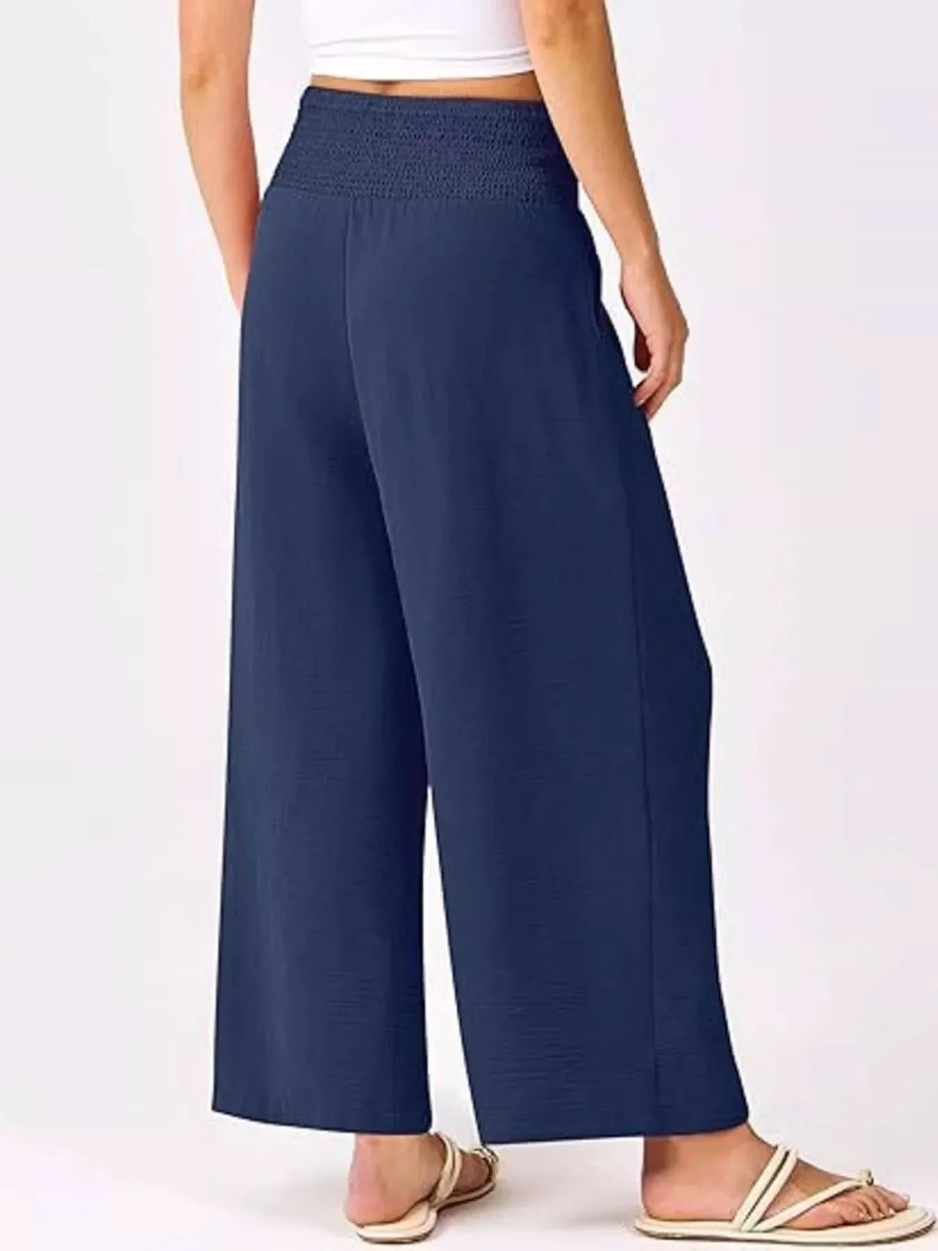 Wide Leg Smocked High Waist Pants With Pockets Polyester