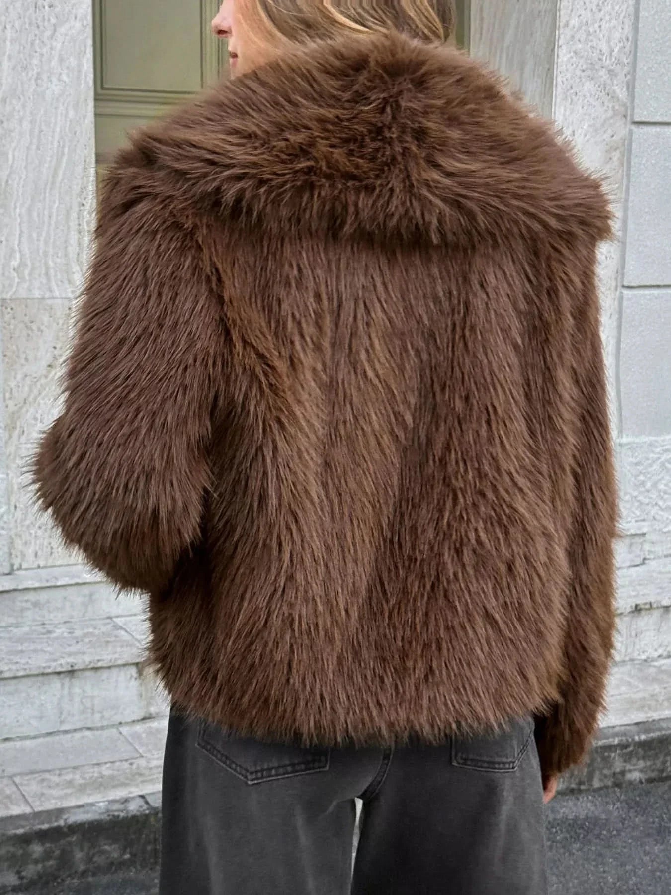 Open Front Faux Fur Cropped Jacket Women Lined Polyester