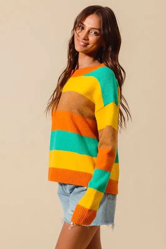 So Me Multi Color Stripe Sweater With Ribbed Detail