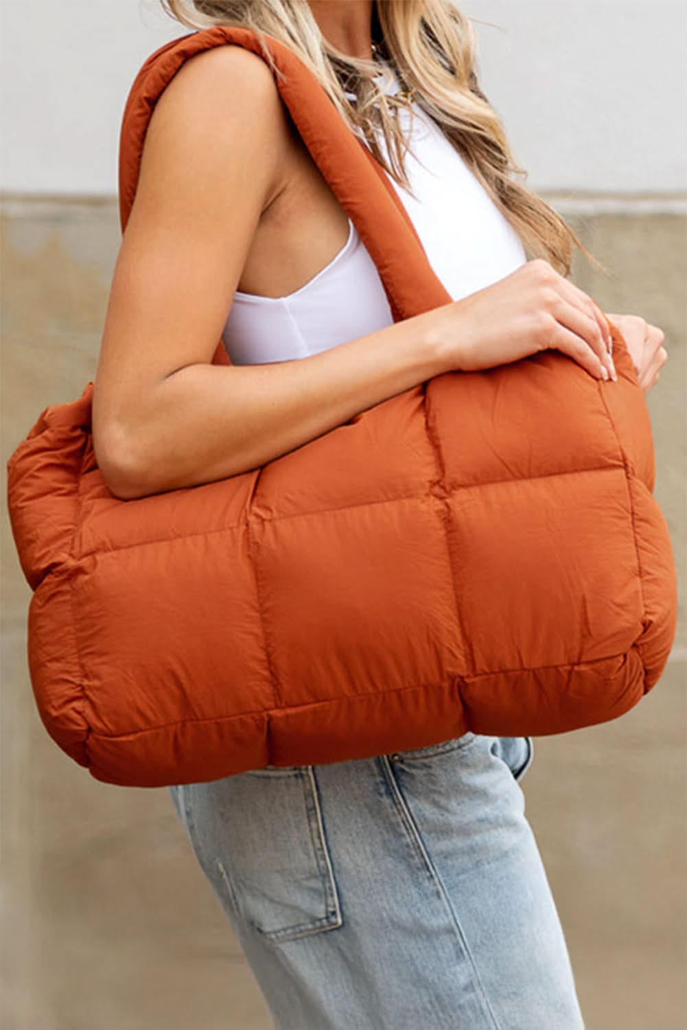 Cinnamon Solid Quilted Puffy Large Tote Bag With Zipper