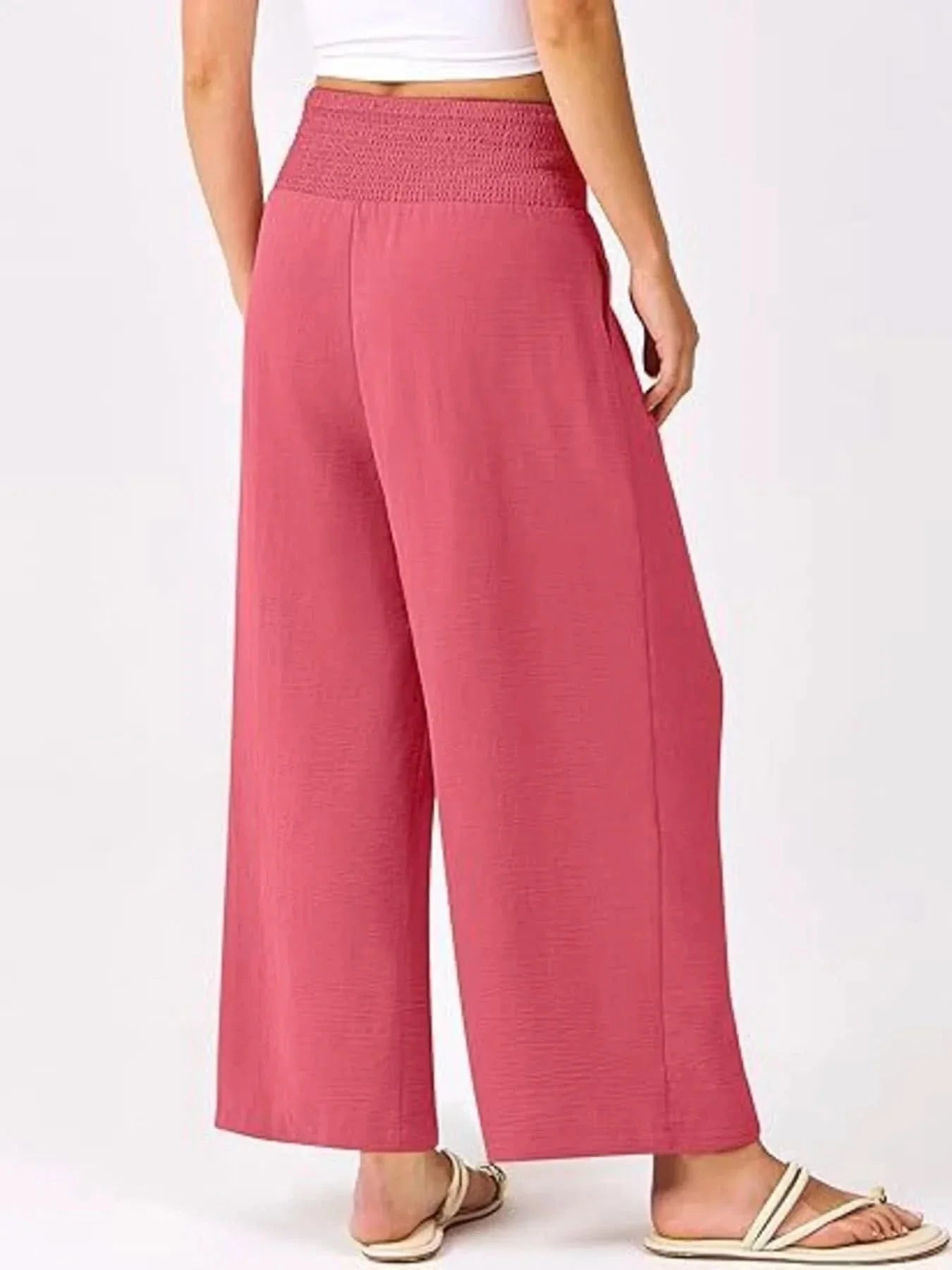 Wide Leg Smocked High Waist Pants With Pockets Polyester