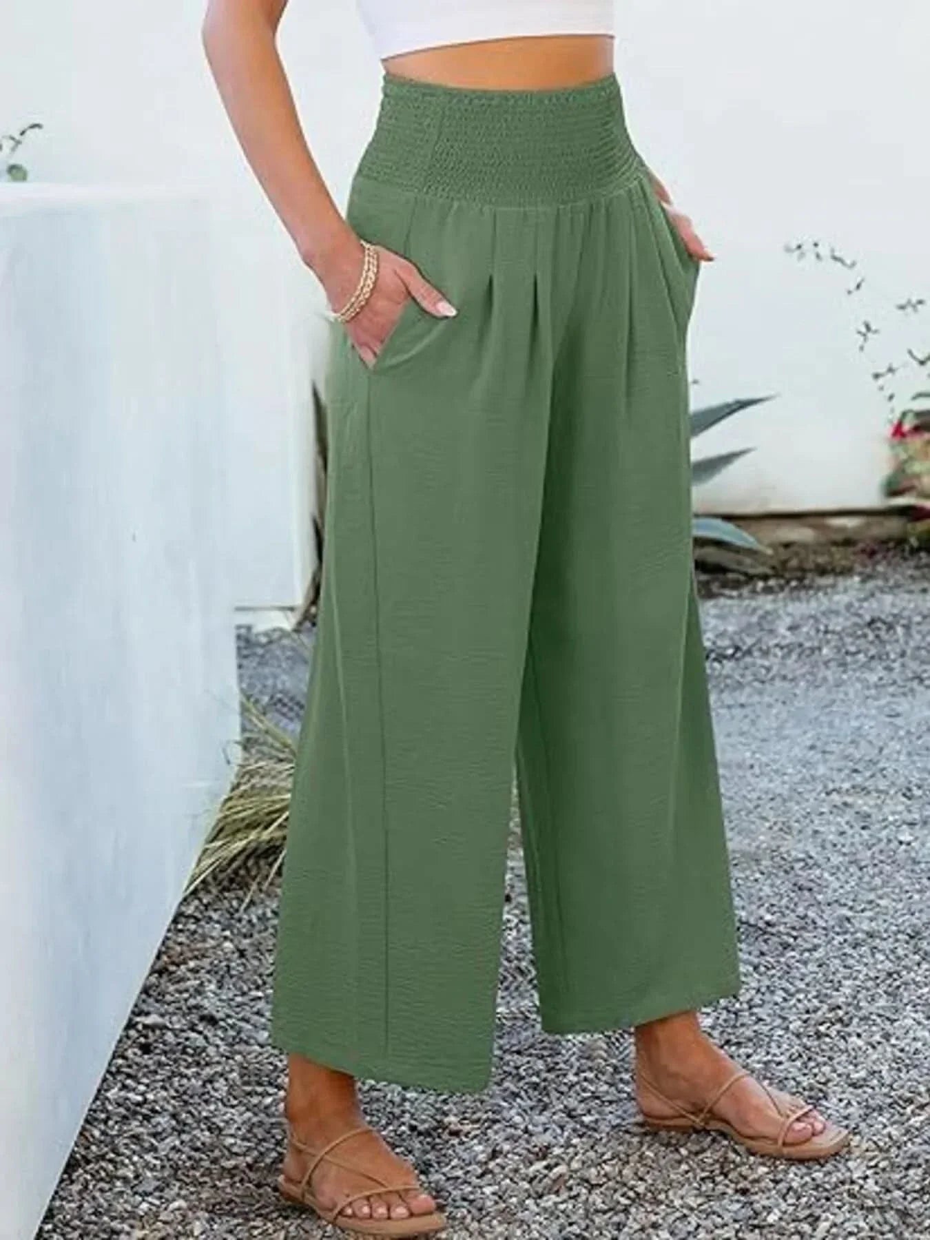 Wide Leg Smocked High Waist Pants With Pockets Polyester