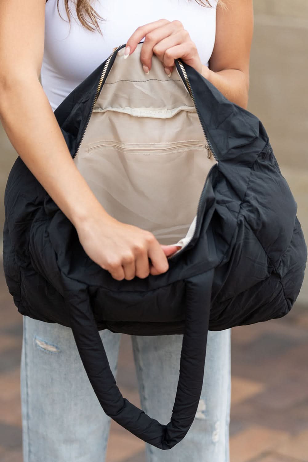 Cinnamon Solid Quilted Puffy Large Tote Bag With Zipper