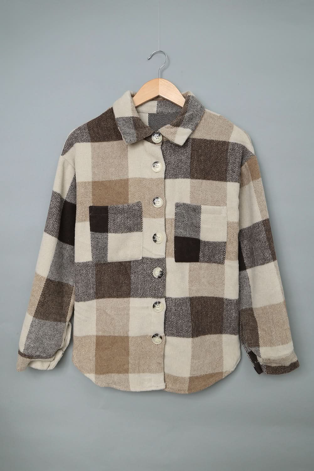 Khaki Plaid Color Block Shacket With Buttoned Pockets
