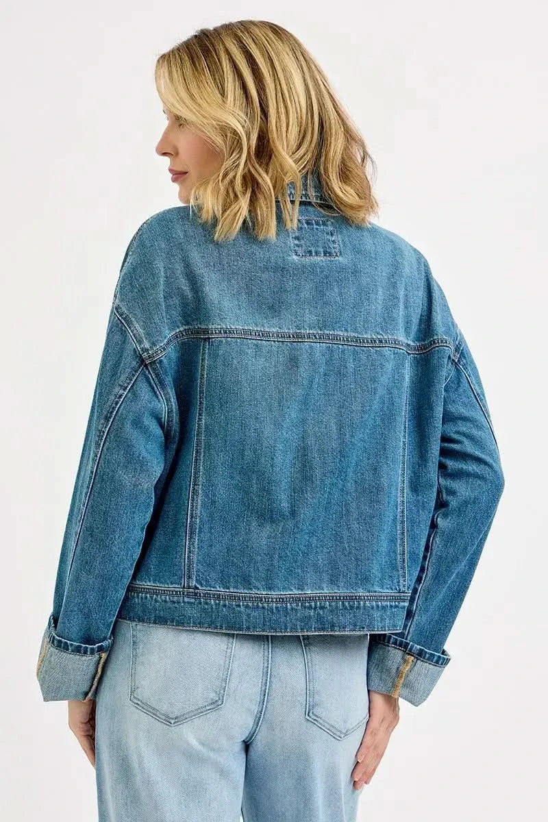 RISEN Oversized Cargo Pocket Denim Jacket with Cuffed Sleeves