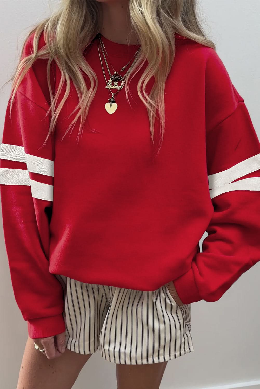 Fiery Red Preppy Striped Sleeve Loose Sweatshirt Casual