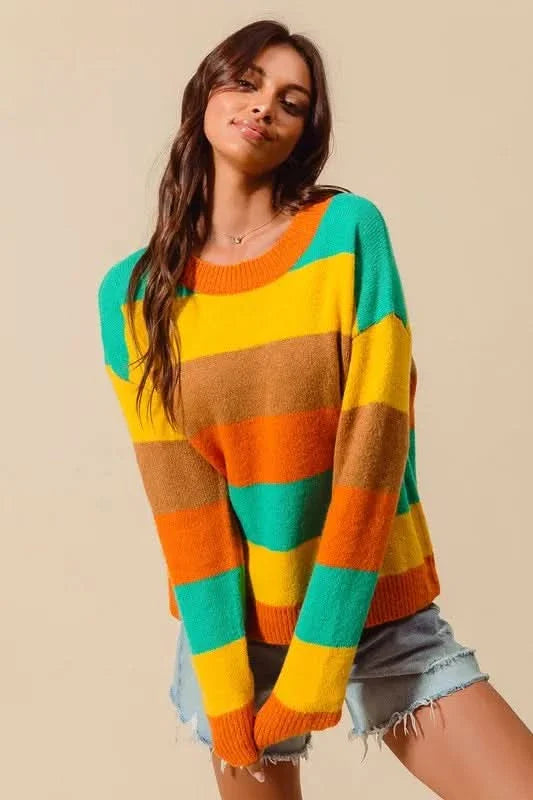 So Me Multi Color Stripe Sweater With Ribbed Detail