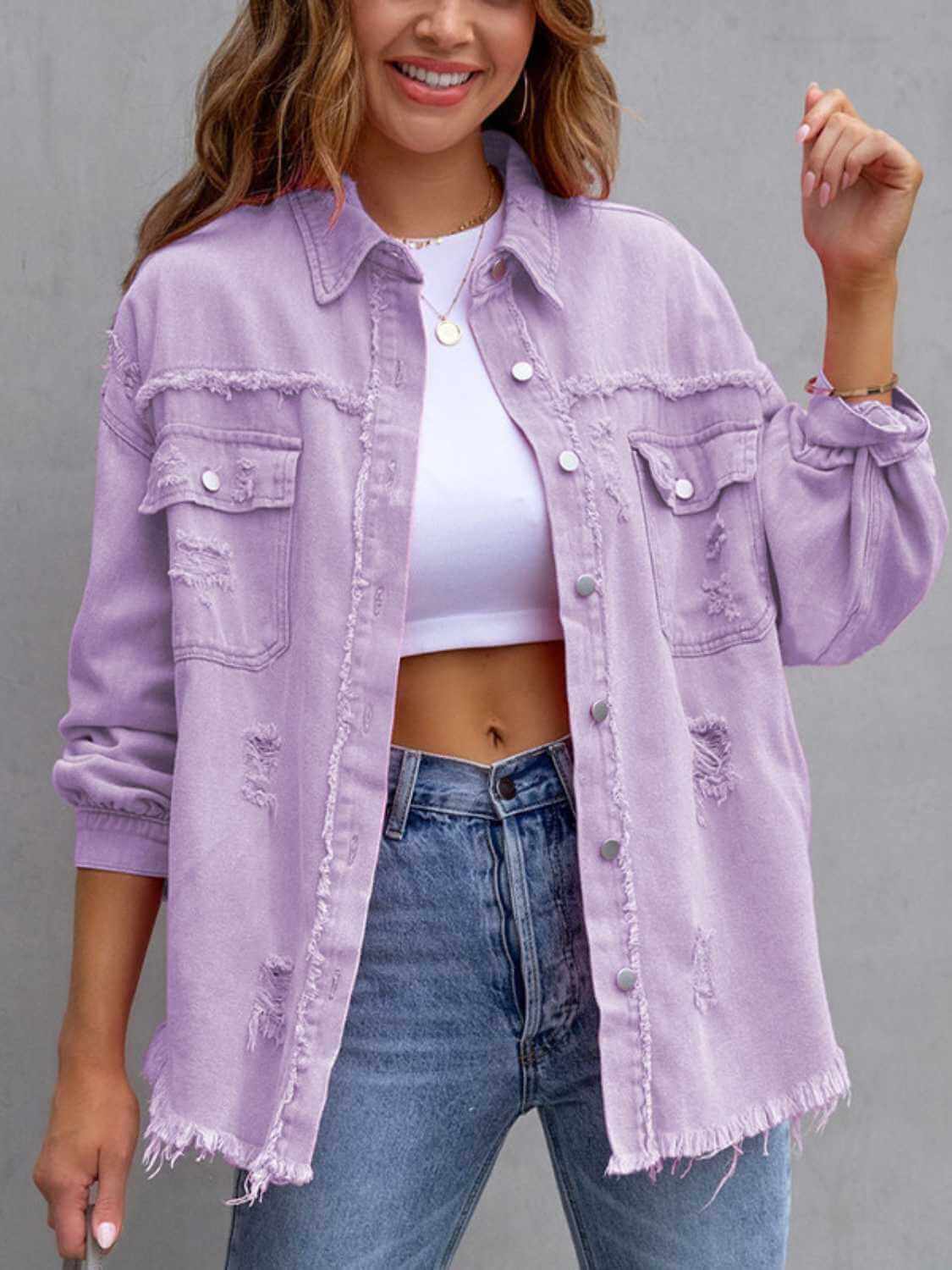 Distressed Drop Shoulder Fringe Denim Jacket Cotton Blend