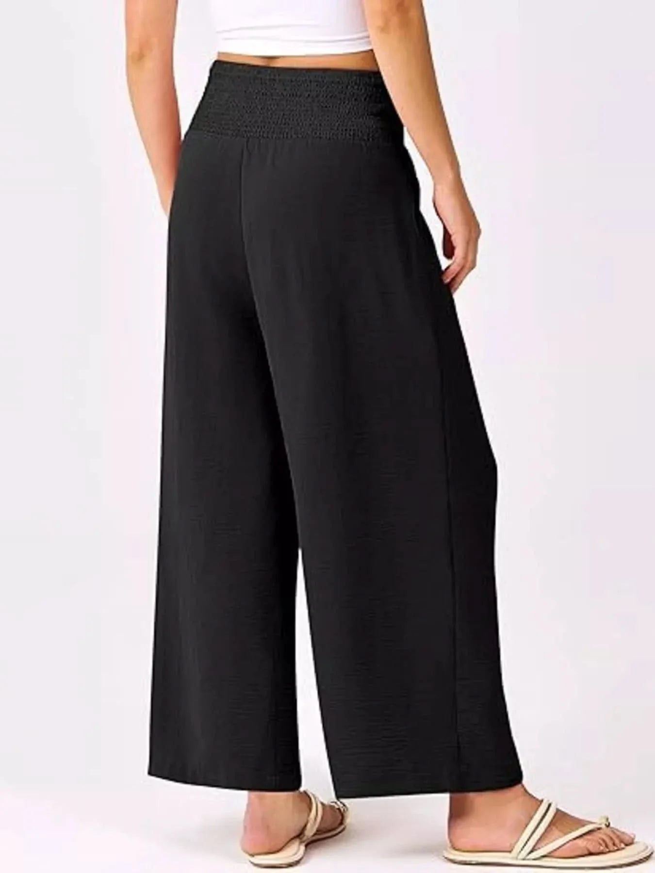 Wide Leg Smocked High Waist Pants With Pockets Polyester