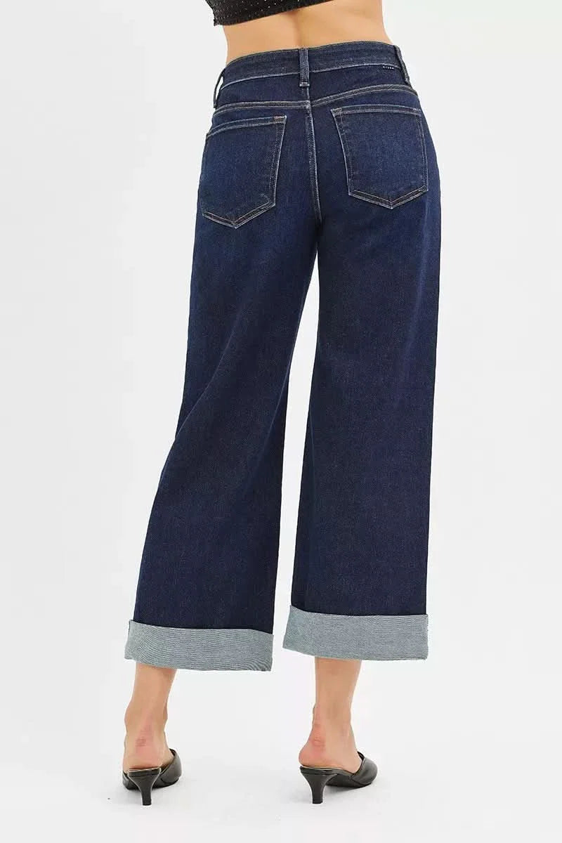 Risen Mid Rise Ankle Jeans With Wide Roll Up Cuffs Details