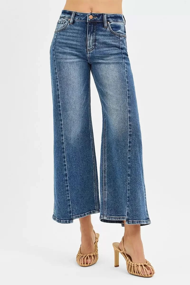 Risen High Rise Crop Wide Leg Jeans With Cropped Step Hem