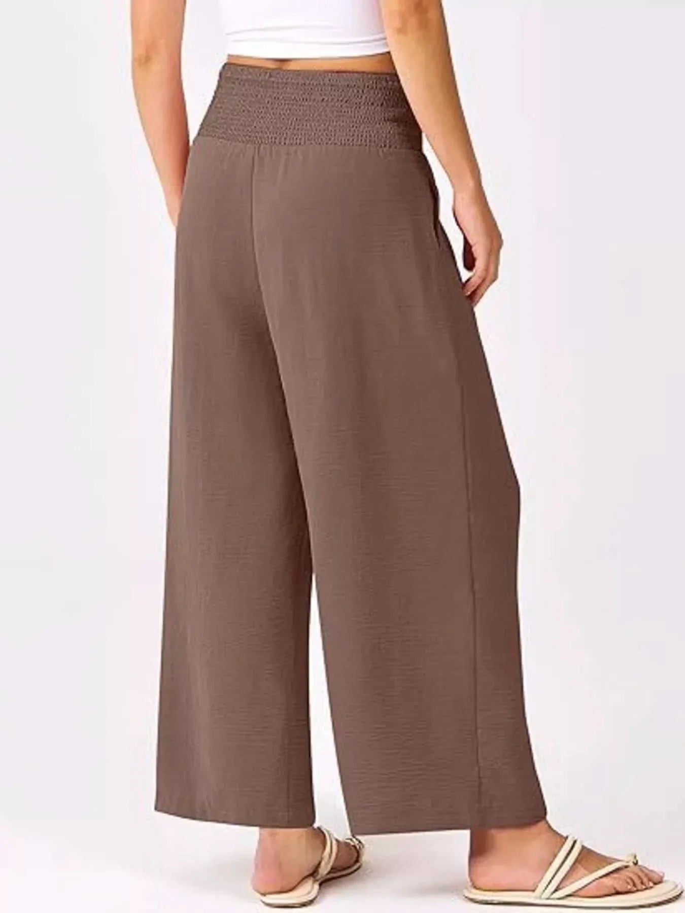 Wide Leg Smocked High Waist Pants With Pockets Polyester