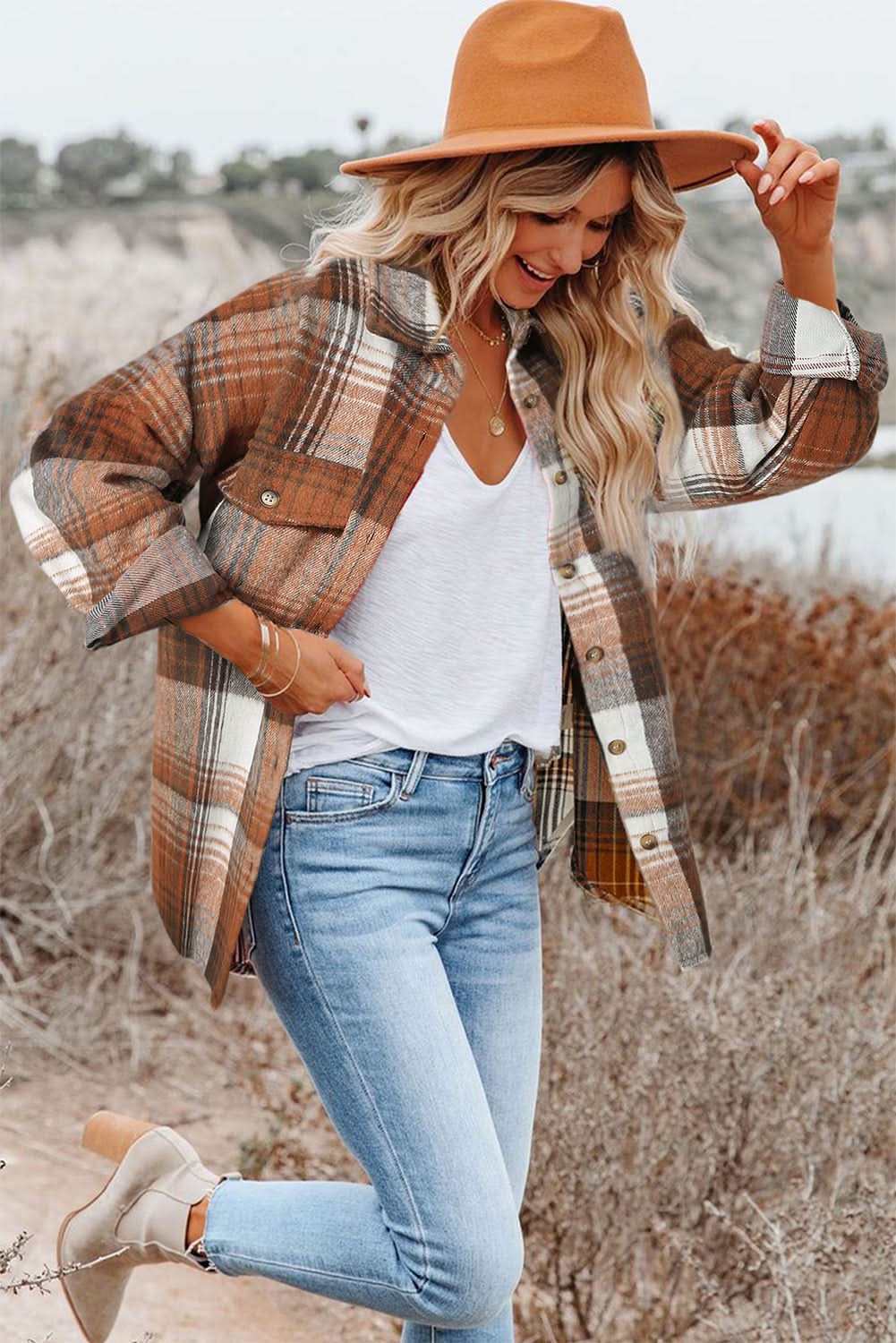 Gold Flame Grey Plaid Button Up Collared Flannel Shacket