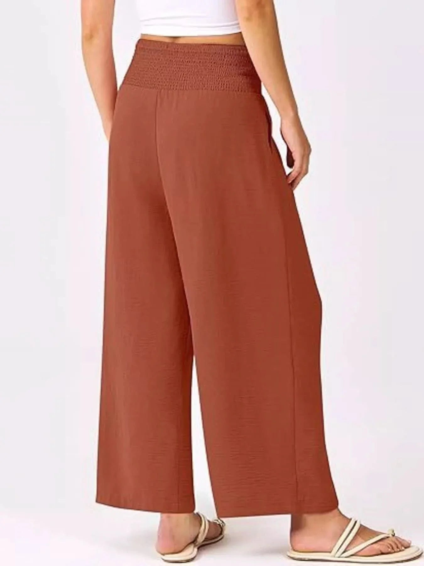 Wide Leg Smocked High Waist Pants With Pockets Polyester