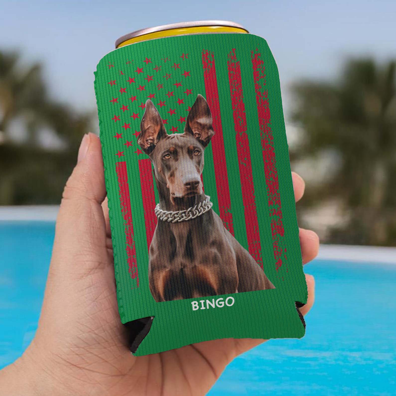 Personalized Dog Photo US FLAG Can Cooler | Custom Dog Name Can Cover | Can Sleeve For Drink 682386
