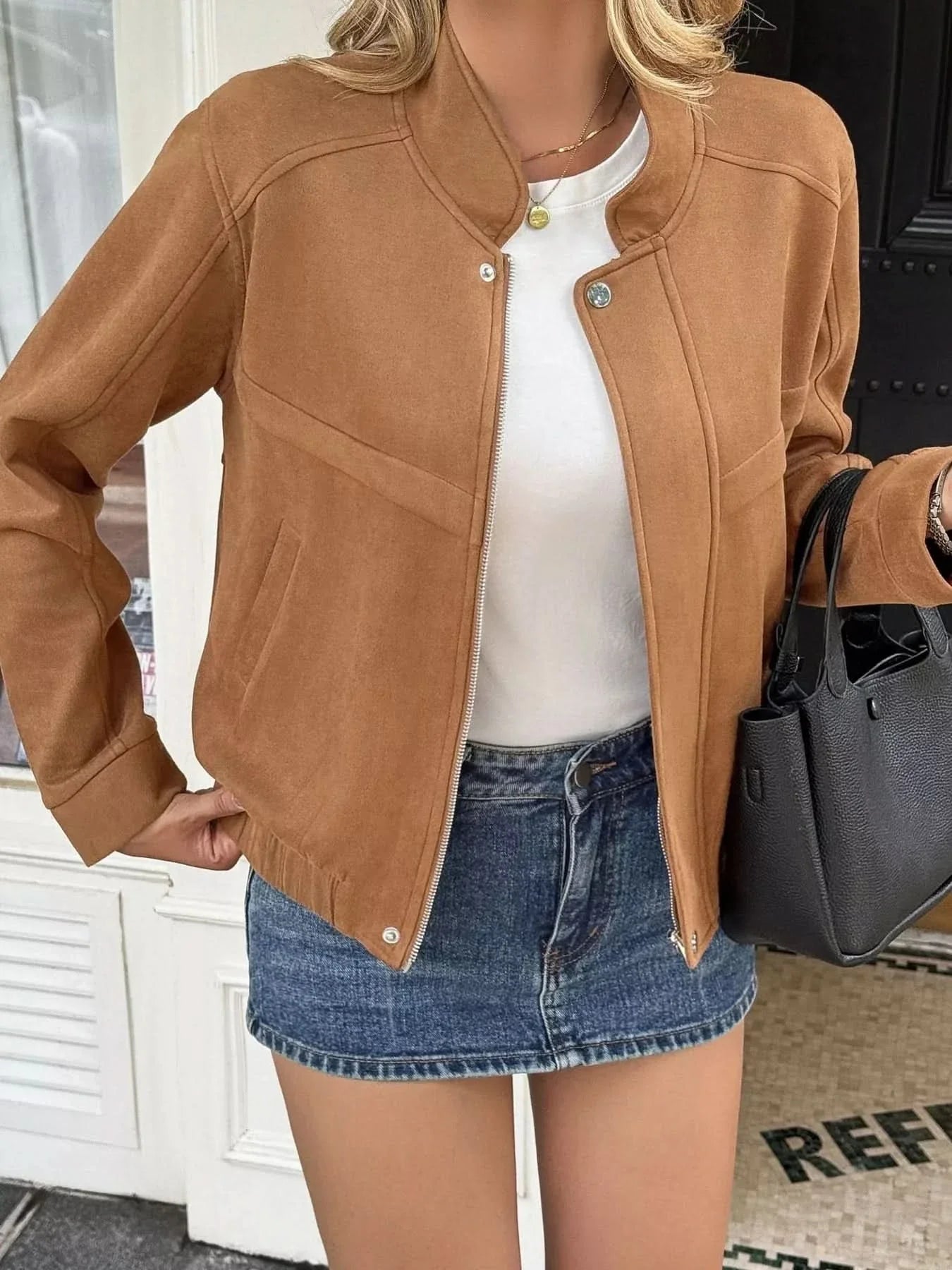 Casual Zip Up Long Sleeve Jacket Lined Polyester Elastane Buttoned