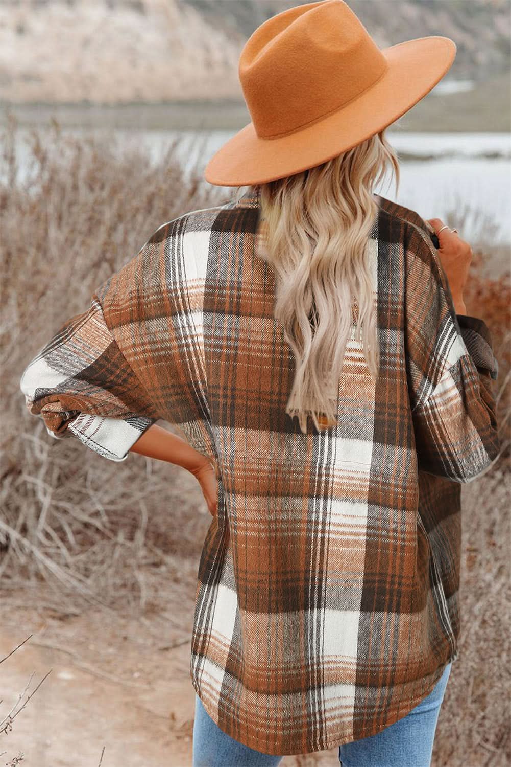 Gold Flame Grey Plaid Button Up Collared Flannel Shacket