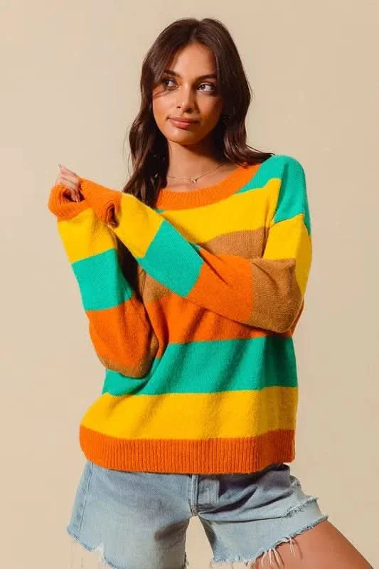 So Me Multi Color Stripe Sweater With Ribbed Detail