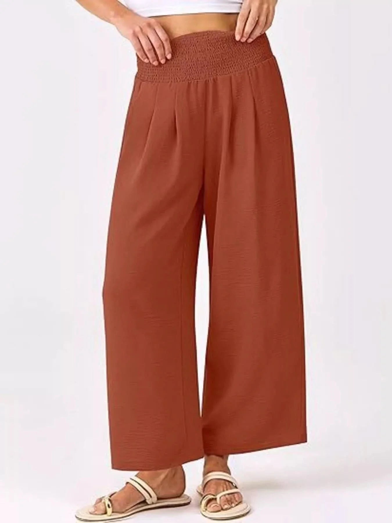 Wide Leg Smocked High Waist Pants With Pockets Polyester