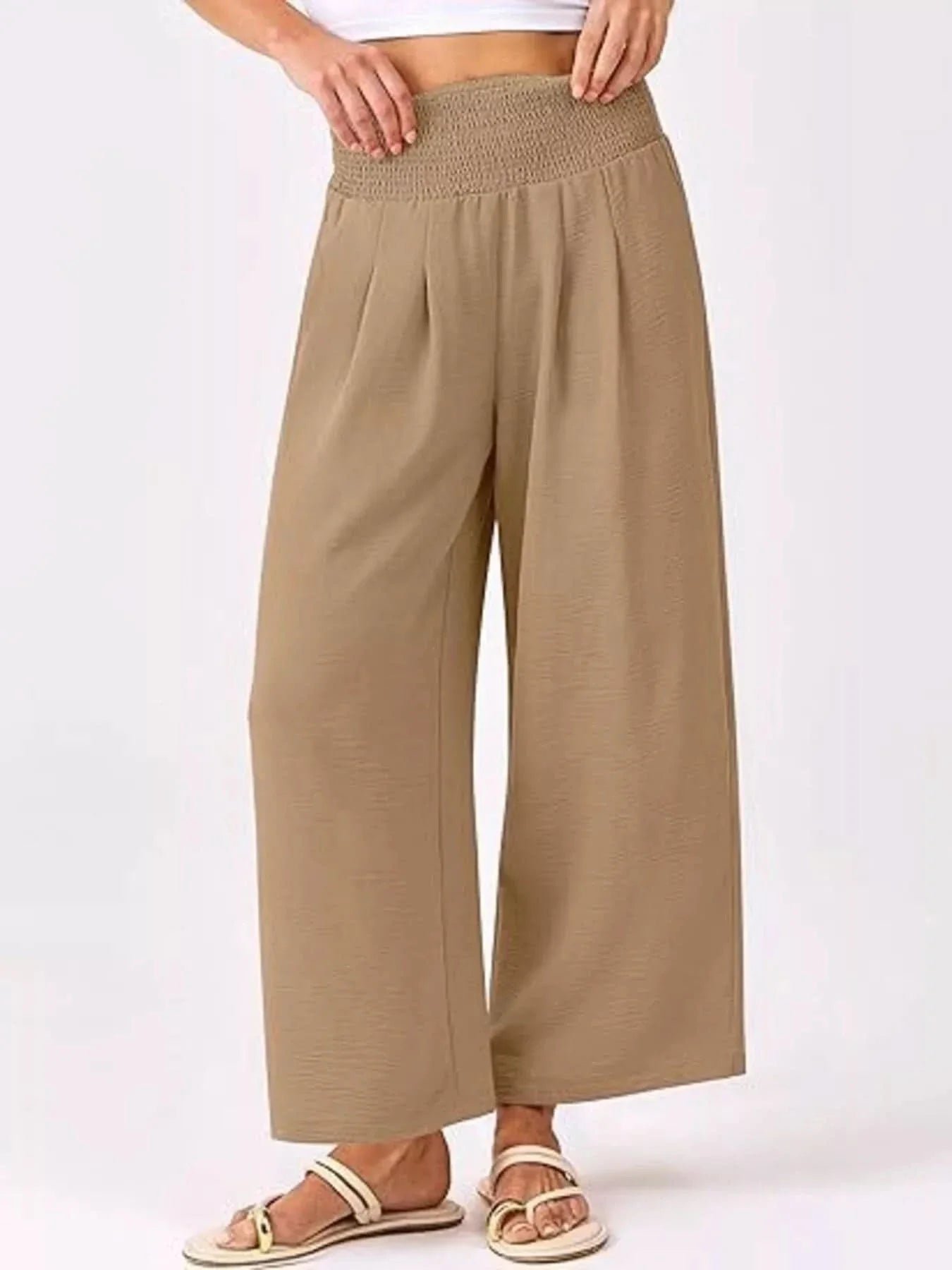 Wide Leg Smocked High Waist Pants With Pockets Polyester