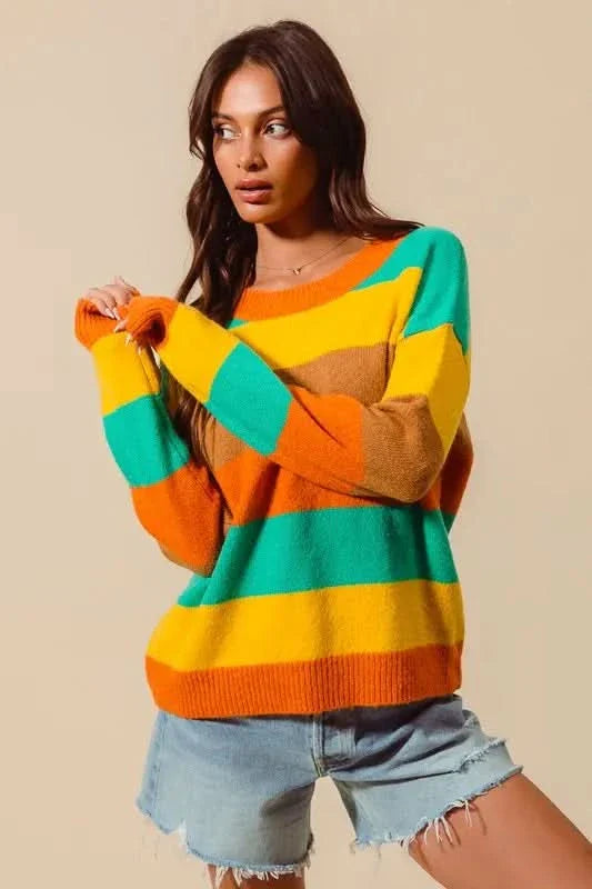 So Me Multi Color Stripe Sweater With Ribbed Detail