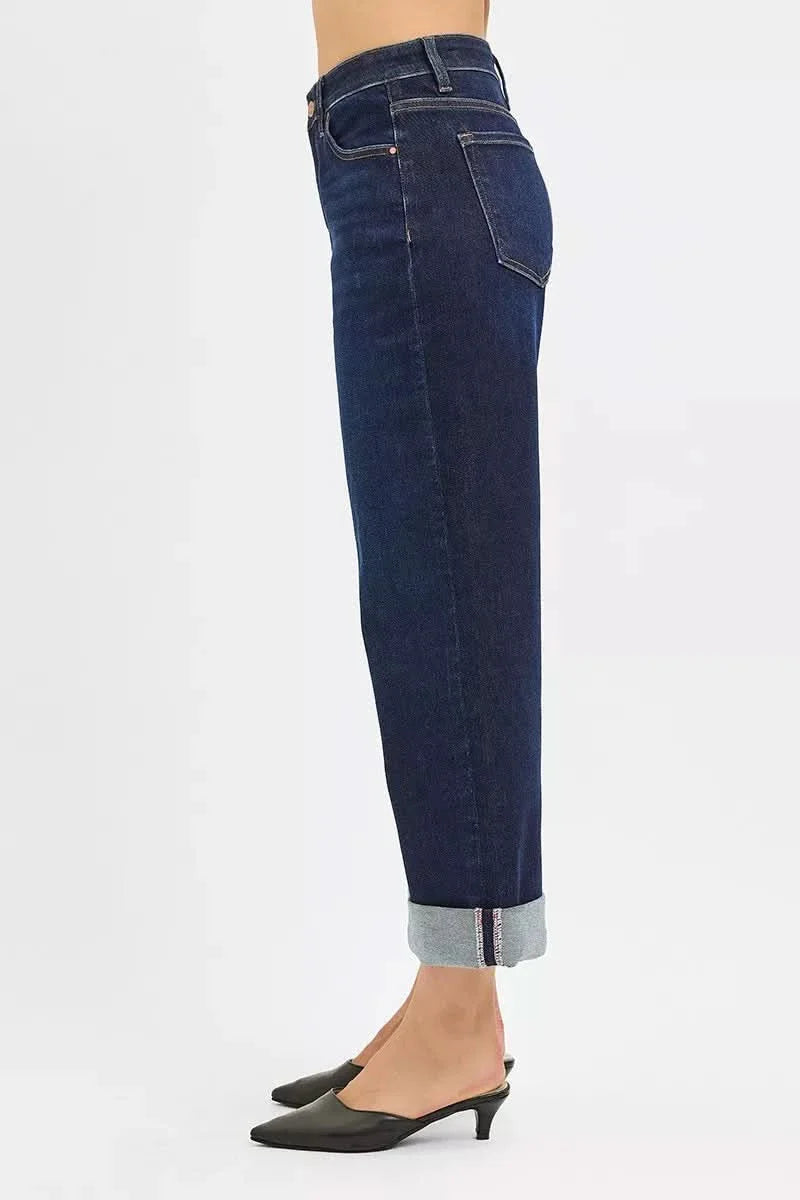 Risen Mid Rise Ankle Jeans With Wide Roll Up Cuffs Details