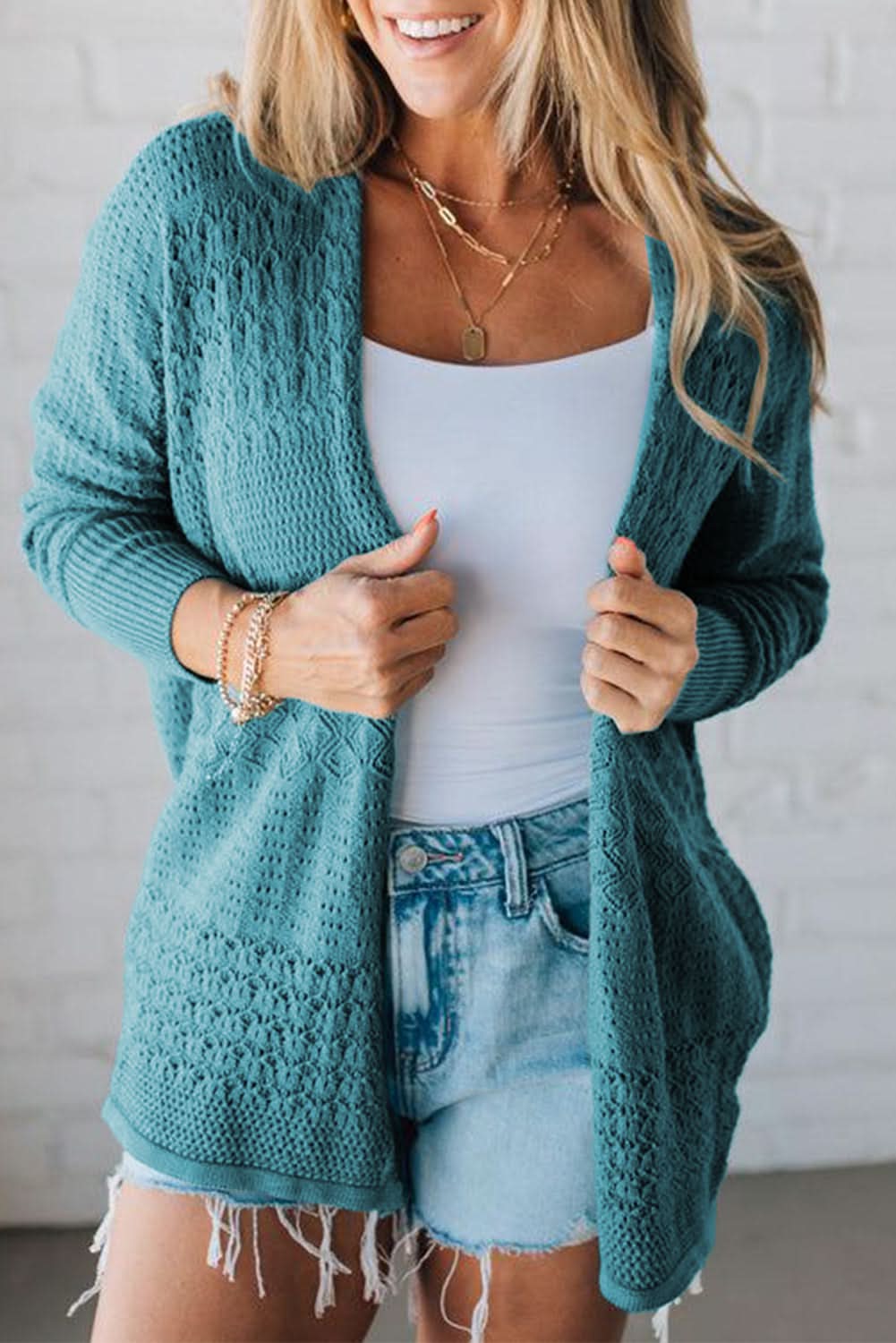 Jet Stream Mix Pattern Hollow Knit Open Front Cardigan
