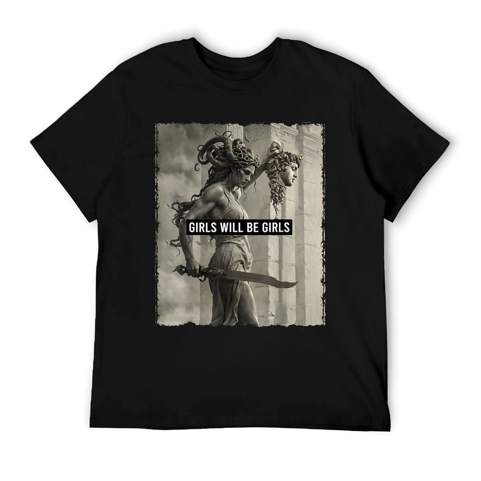 Girl Will Be Girls S Medusa Feminist Women Ribbed Collar T-Shirt