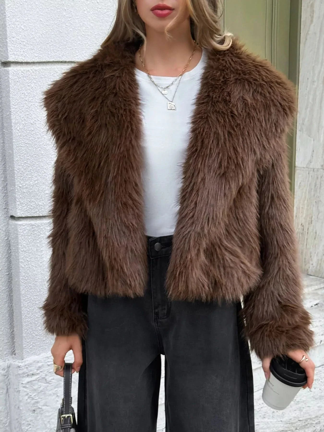 Open Front Faux Fur Cropped Jacket Women Lined Polyester