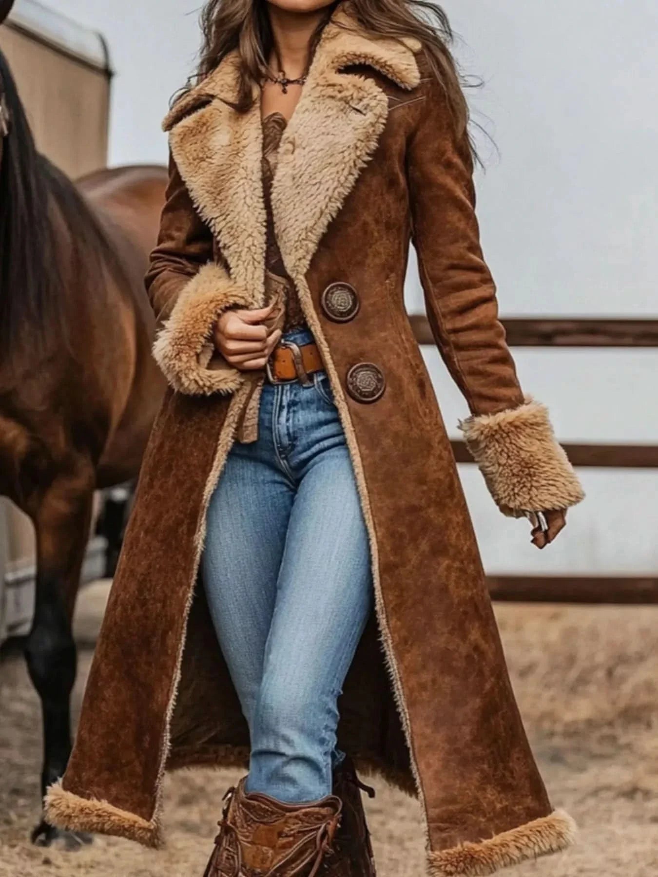 Vintage Faux Fur Trim Longline Coat For Women