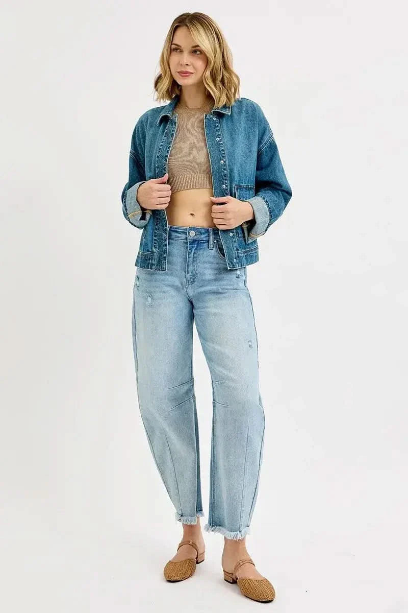 RISEN Oversized Cargo Pocket Denim Jacket with Cuffed Sleeves