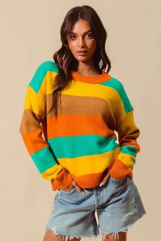 So Me Multi Color Stripe Sweater With Ribbed Detail