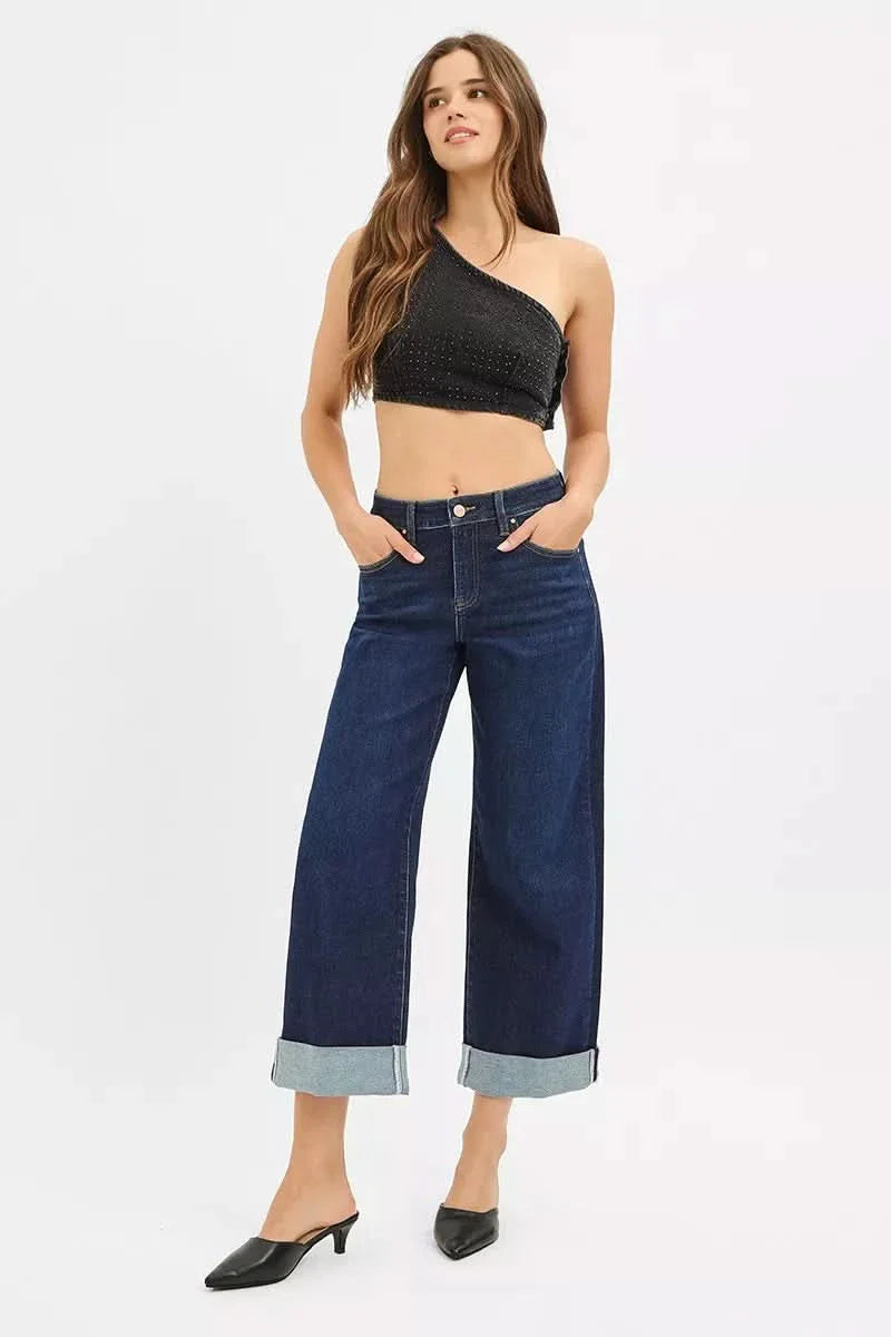 Risen Mid Rise Ankle Jeans With Wide Roll Up Cuffs Details