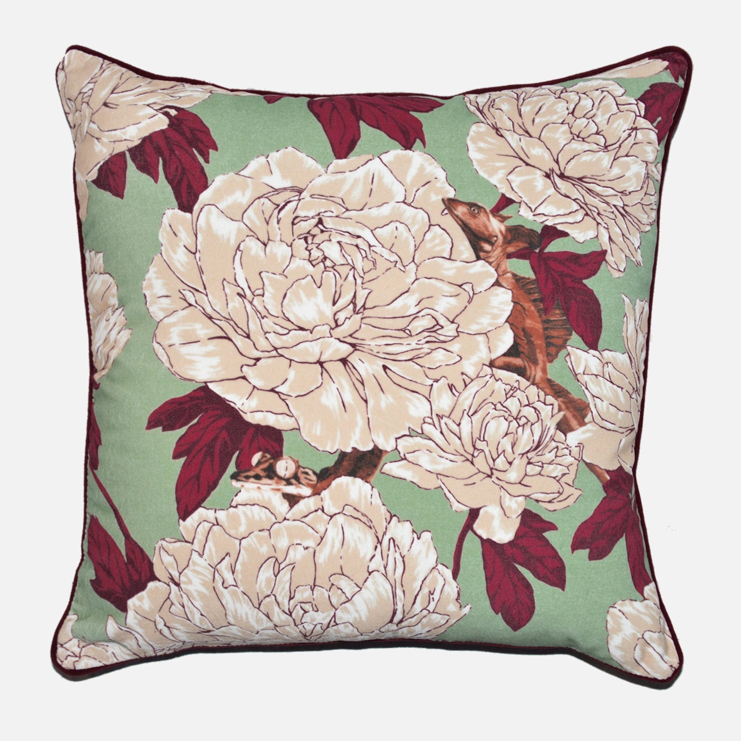 Lizards and Peonies Cushion - Green