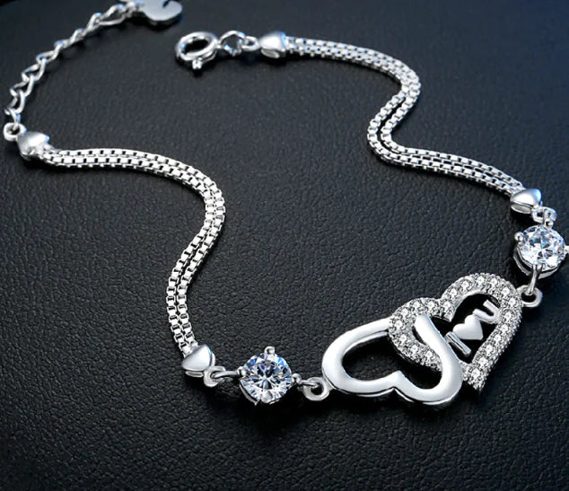925 Silver Crystal Double Heart Bracelet