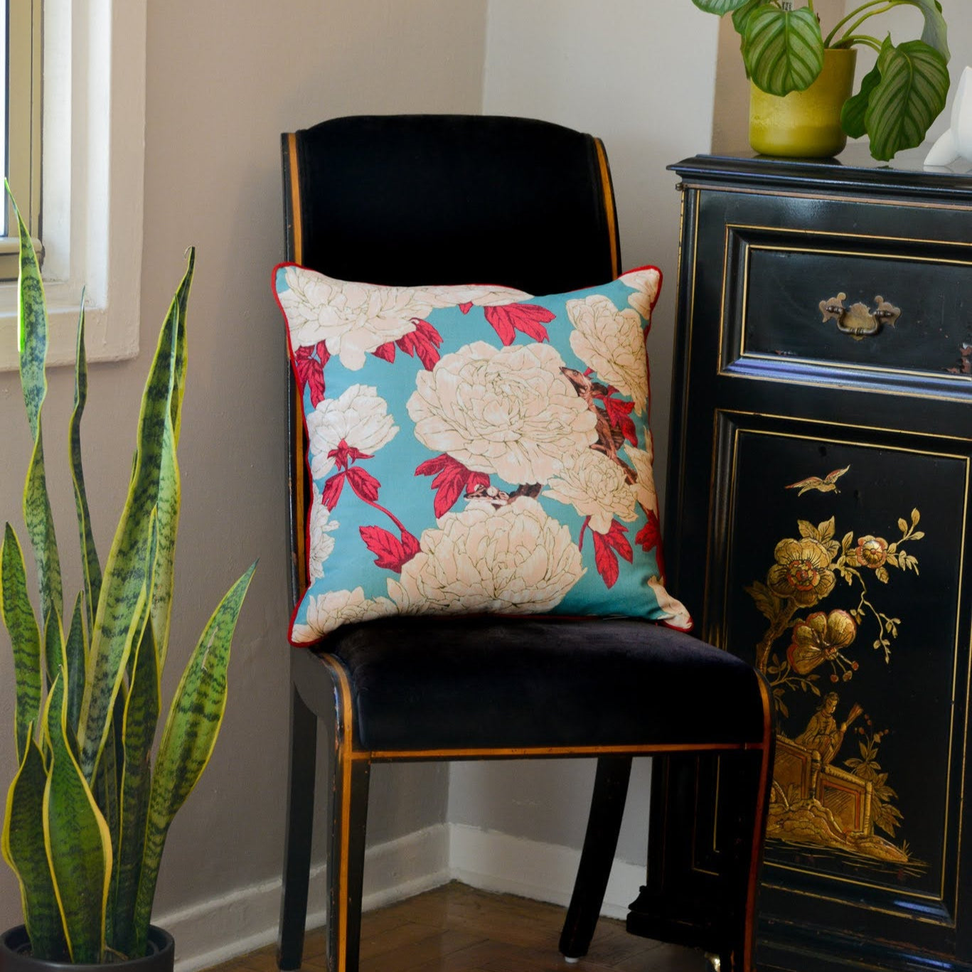 Lizards and Peonies Cushion - Turquoise