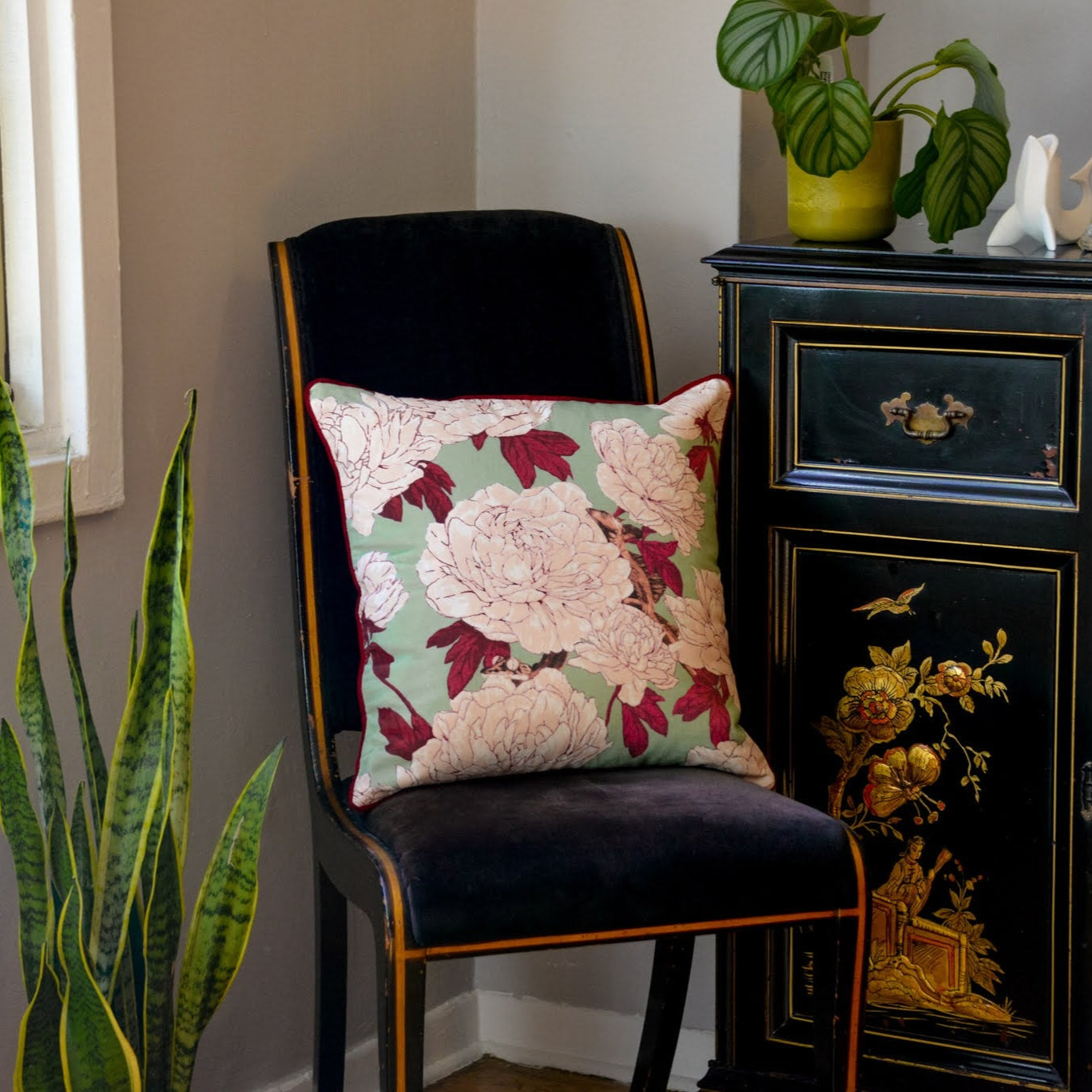 Lizards and Peonies Cushion - Green