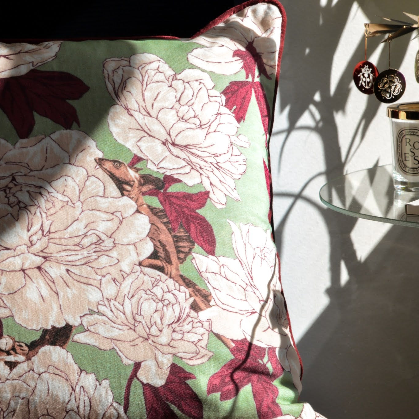 Lizards and Peonies Cushion - Green