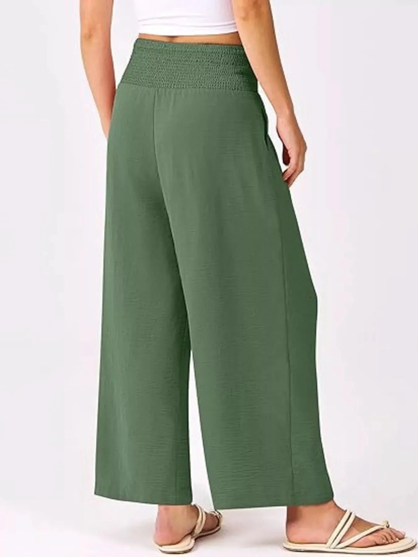 Wide Leg Smocked High Waist Pants With Pockets Polyester