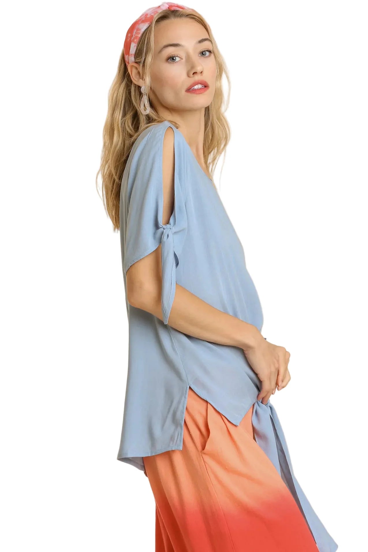 Cold Shoulder Short Sleeve Round Neck Top with Side Slits and Tie-able Knot Details