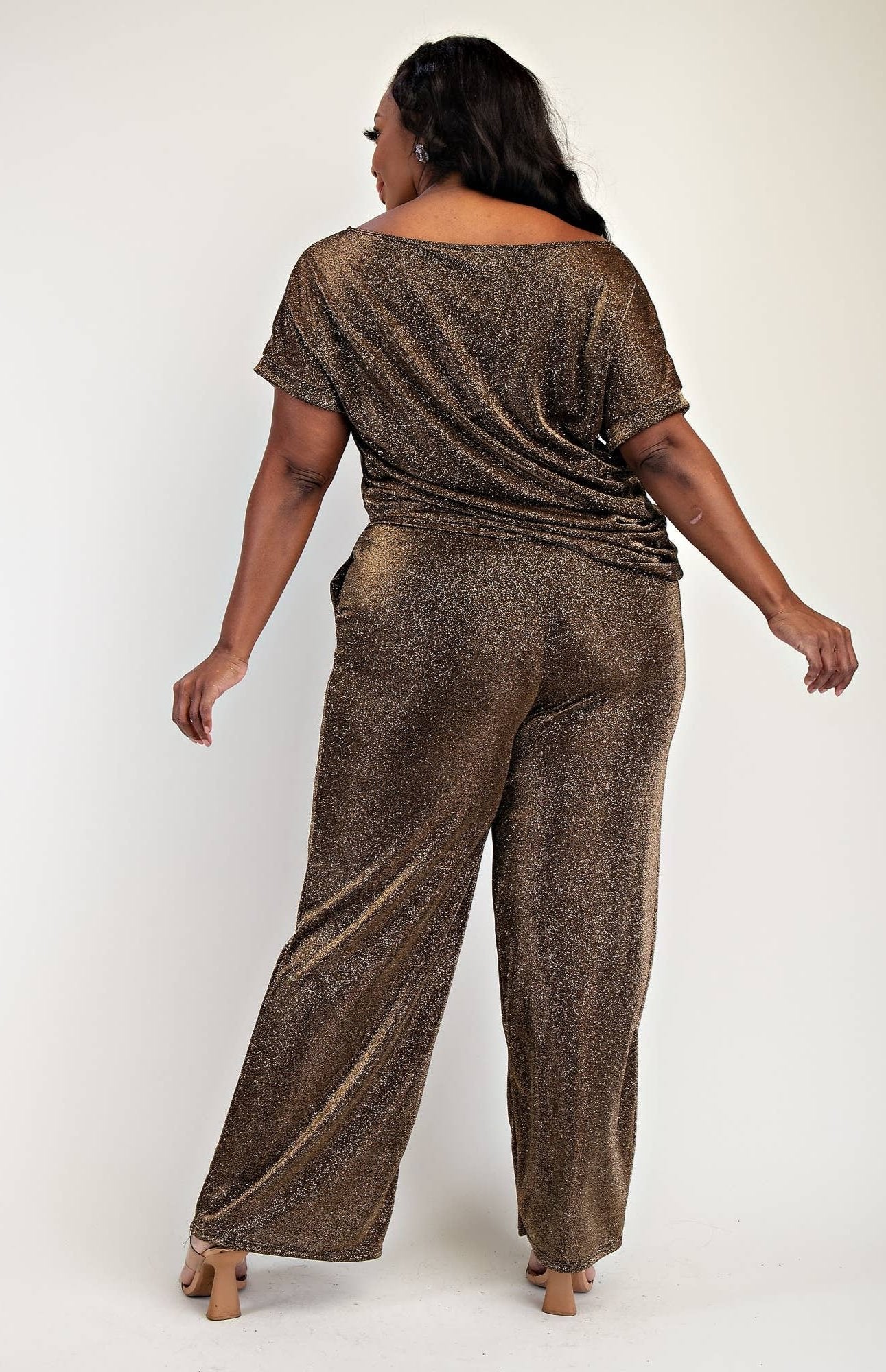 Ayla Plus Size Glitter Knit Short Sleeve Top and Wide Leg Pant Set